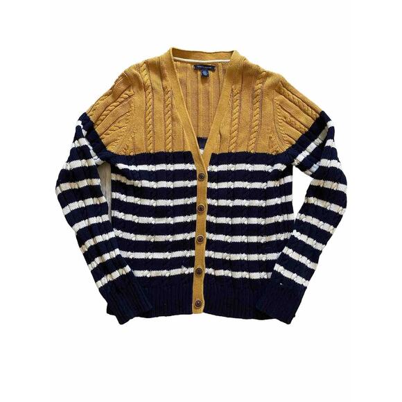 Tommy Hilfiger Blue, White, Yellow Striped Trim Cable Knit Cardigan Women Large - Picture 1 of 8